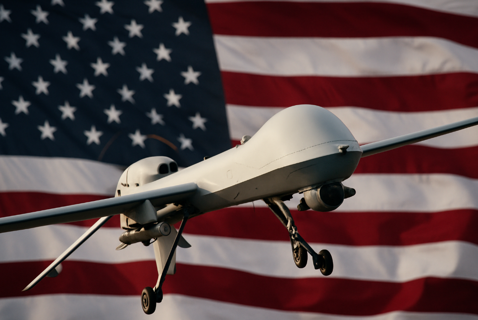 Military drone in action with American flag in background