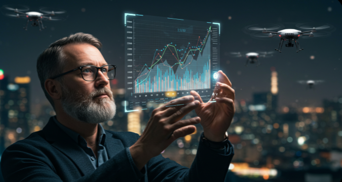 Futuristic investor looking at growth chart with drone technology in background, cinematic lighting
