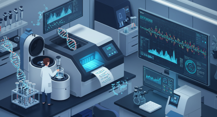 DNA sequencing workflow with modern laboratory equipment and AI analysis visualization