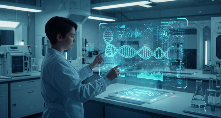 a futuristic image showing DNA analysis with AI integration, holographic displays, and advanced laboratory setting
