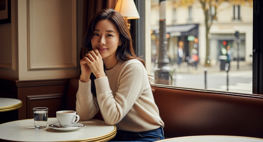 딥디크 도손이 어울리는 이미지 : 크림색 캐시미어 니트를 입은 우아한 30대 여성