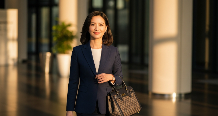 딥디크 도손이 어울리는 이미지 : 남색 블레이저를 입은 30대 후반의 프로페셔널한 여성