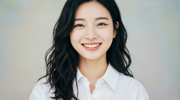 깨끗한 화이트 셔츠를 입고 자연스럽게 미소 짓는 여성의 모습
