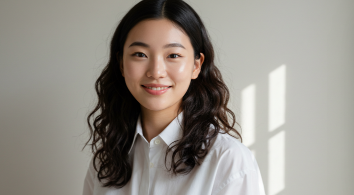 A young woman in her 20s with clean, natural makeup wearing a white cotton shirt