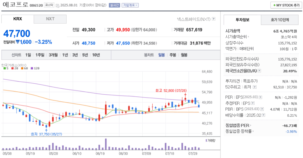2차전지 관련주 에코프로 주가 차트