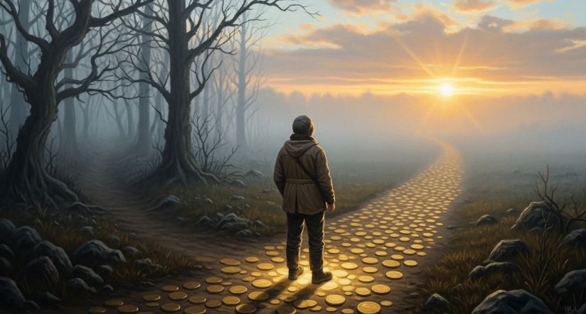 A person is standing at a foggy crossroads. One path leads into a dark, tangled forest. The other path is paved with glowing gold coins leading towards a bright sunrise. The style should be hopeful and slightly magical, in a realistic painting style.