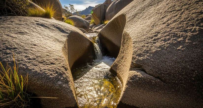 A small, clear stream is steadily flowing and carving a path through a large, solid rock. The sun is shining brightly on the water, making it sparkle. The overall mood is persistent and powerful.