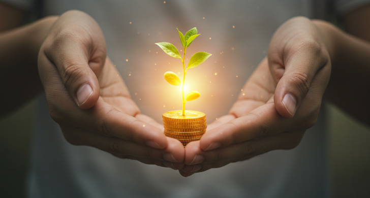 A pair of hands are gently holding a single, glowing seedling that is sprouting from a gold coin. The background is soft and out of focus. The image conveys a sense of care, respect, and growth.