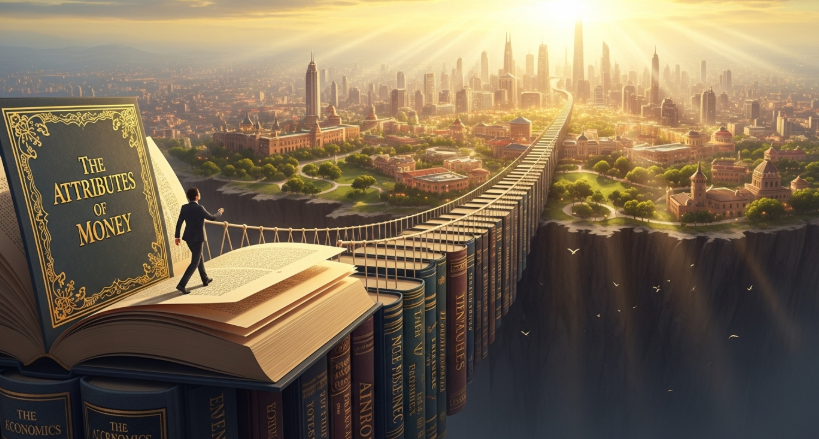 A person is confidently walking on a bridge made of books towards a vibrant, prosperous city. The book at the very beginning of the bridge has "The Attributes of Money" written on its spine. The style is symbolic and inspiring.