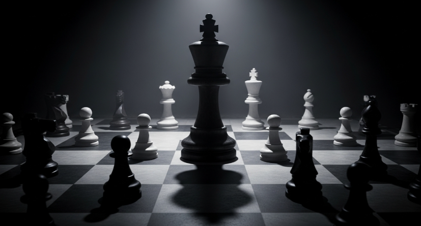 거대한 체스판 위에 한 명의 '킹(King)' 말이 다른 모든 말들을 압도하고 있다. 킹의 그림자가 체스판 전체를 덮고 있으며, 이는 한 사람에게 모든 권력이 집중된 '키맨 리스크'의 위험성을 상징적으로 보여준다.
