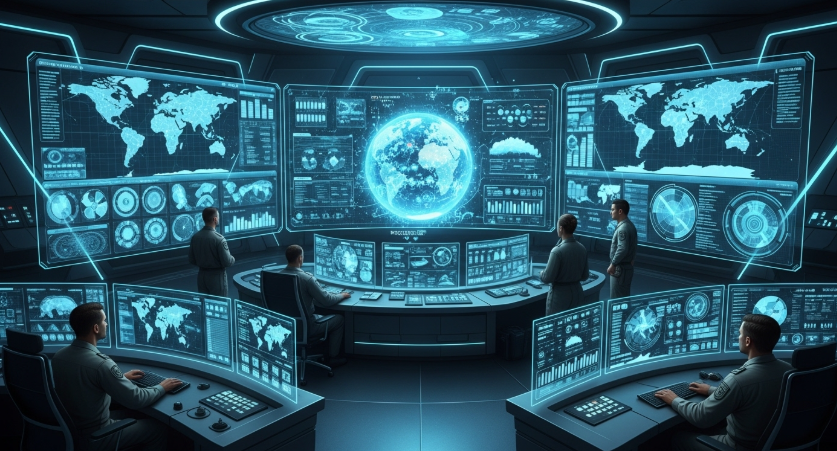  futuristic military command center with AI-powered data analysis screens showing global strategic information, representing defense sector applications,