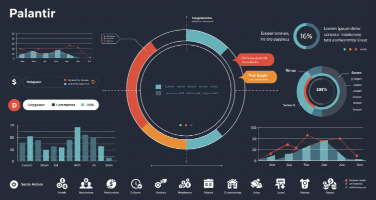 A balanced investment portfolio visualization with Palantir stock as one component among diversified assets, showing risk management approach, modern financial infographic style